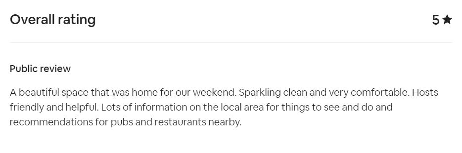 We've just achieved superhost again and here's one of our recent 5* reviews...