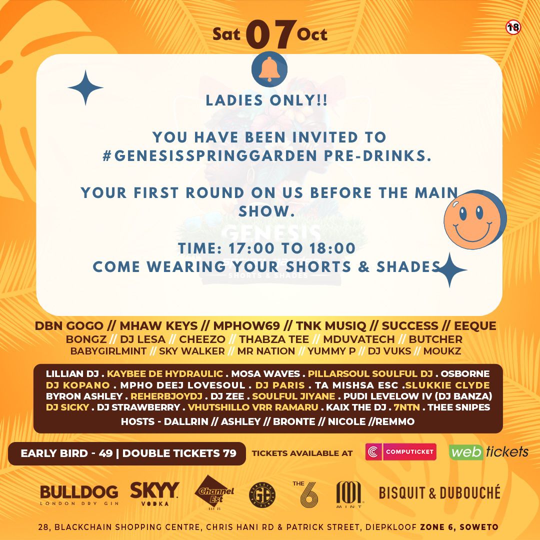 PORSCHE_BTM_RSA's tweet photo. Yes bafethu the day has arrived it's #GenesisSpringGarden all ladies are invited for starter pre- drinks
Time : 5pm to 6 pm come as you are it's happening @Zone6Venue it's @GenesisEventsSA day ❤️🔥🌞✌️let's all have fun 🇿🇦 https://t.co/urtWObBmky