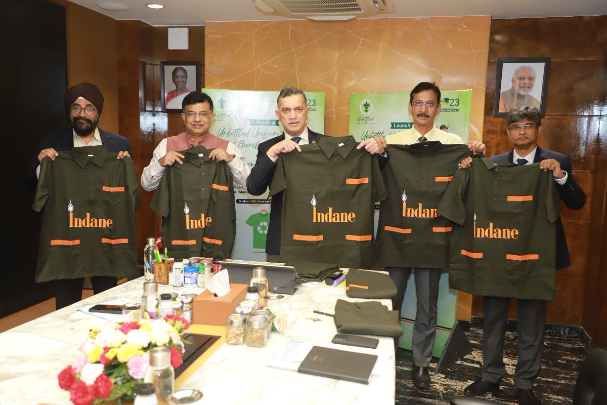 ChairmanIOCL's tweet photo. Thrilled to mark another green milestone in #IndianOil's globally recognised #Unbottled initiative today. The journey began last year with the vision to turn the tide on responsible plastic disposal and creating garments from recycled PET bottles for our frontline energy soldiers and other stakeholders.

Today, we took further strides with the launch of green uniforms for our fuel station attendants and Indane delivery teams. Moreover, select fuel stations & LPG distributorships will now offer 'Unbottled' merchandise to our customers.

While plastics are indispensable in today’s world, we must responsibly use and dispose plastics. Recycling, repurposing, and reusing will be the mantra going forward. We're doing our bit, and the 'Unbottled' journey is just a chapter in our larger blueprint of crafting a green future, together.

#GreenIndianOil 
#PehleIndianPhirOil 
#SustainabilityInEveryStitch 
#BeyondTheBottle