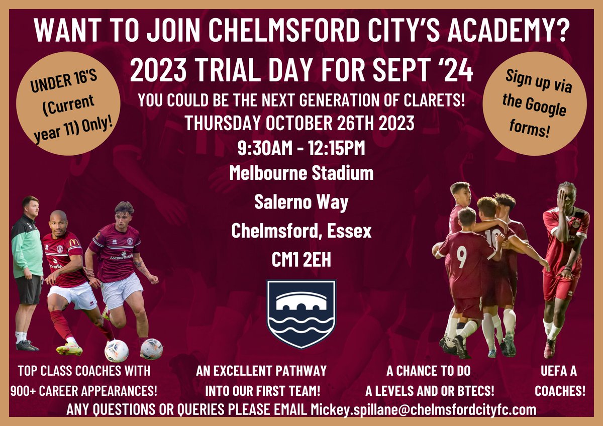 WANT TO BE THE NEXT GENERATION OF CLARET?

You can join our academy for Sept '24, with the trials taking place this month!

An excellent opportunity to learn under experienced players and work your way to our first team!

Google forms: forms.gle/9gg1E3rBtR87oF…

#TheFutureIsClaret