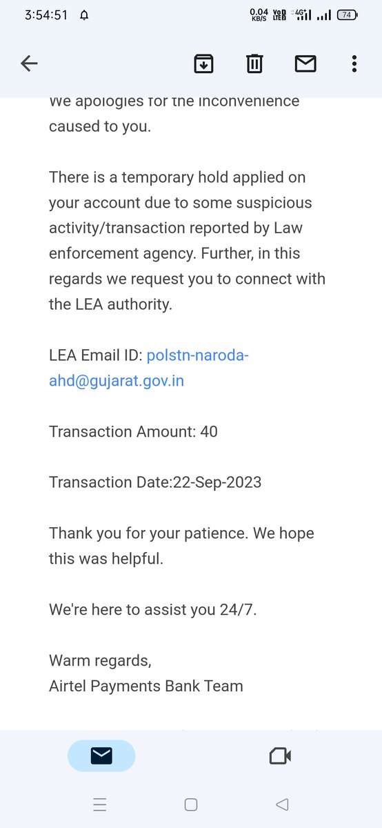 VijayBujade's tweet photo. @RBI @airtelbank 
@RBI @RBIsays 
My Airtel Payment bank account is freezing by Gujarat LEA only rs 40 txn polstn-naroda-ahd@gujarat.gov.in
NOT REPLYING BY MAIL&amp;
@airtelbank not provided acknowledge no
Please help https://t.co/xV6wXBZHk6