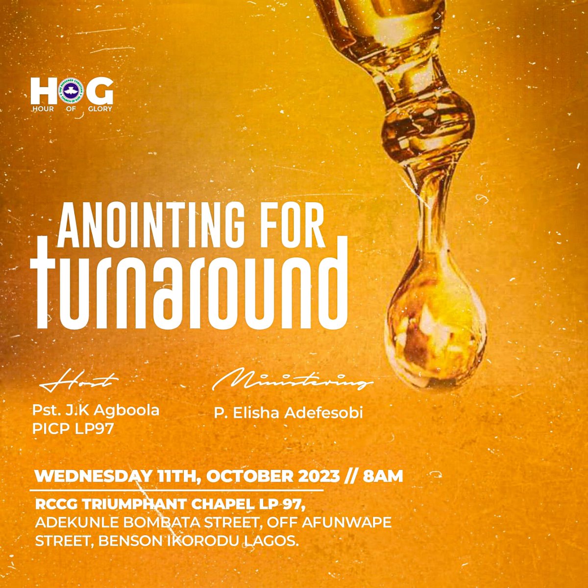 ElishaAdefesobi's tweet photo. Hour of Glory Prophetic prayer and declaration service presents : ANOINTING FOR turnaround with P. Elisha Adefesobi
#RCCGIYC2023
#RCCG
#RCCGYAYA
#hourofglory
#ElishaAdefesobi
#wednesday https://t.co/k2XoMlaT7u