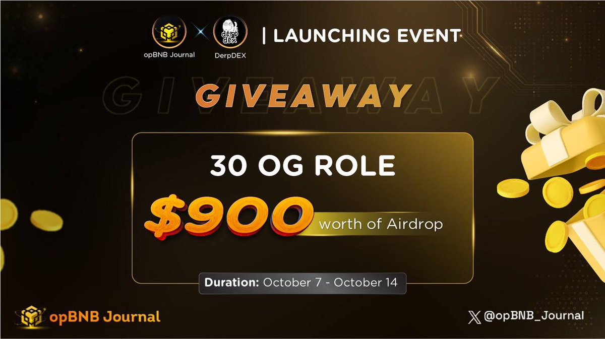 🎉@opBNB_Journal x <a href="/DerpDEXcom/">DerpDEX</a> | Launching Event

🥳 To celebrate the official launch of #DerpDEX on #opBNB, we are delighted to announce a rewards program for the luckiest 30 winners.

🎁 30 OG Role ~ 900$ Worth of Airdrop
1⃣ Like + RT this post
2⃣QuestN (just 2 minute):