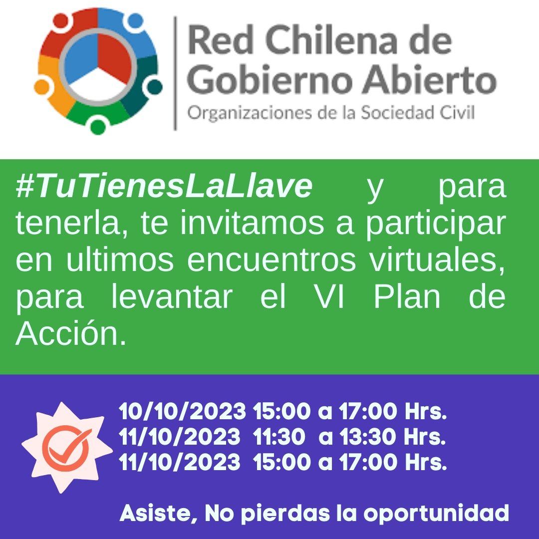 Buen Día Comunidad, últimas Mesas de Cocreación donde tu #Tieneslallave 💪 sin exclusión, para aportar a los compromisos que se levantarán en el 6to plan de acción por la Mesa de #EstadoAbierto de 🇨🇱
Recuerda 10 y 11/10
Inscríbete en 👉 forms.office.com/r/miy9MTLVdC
