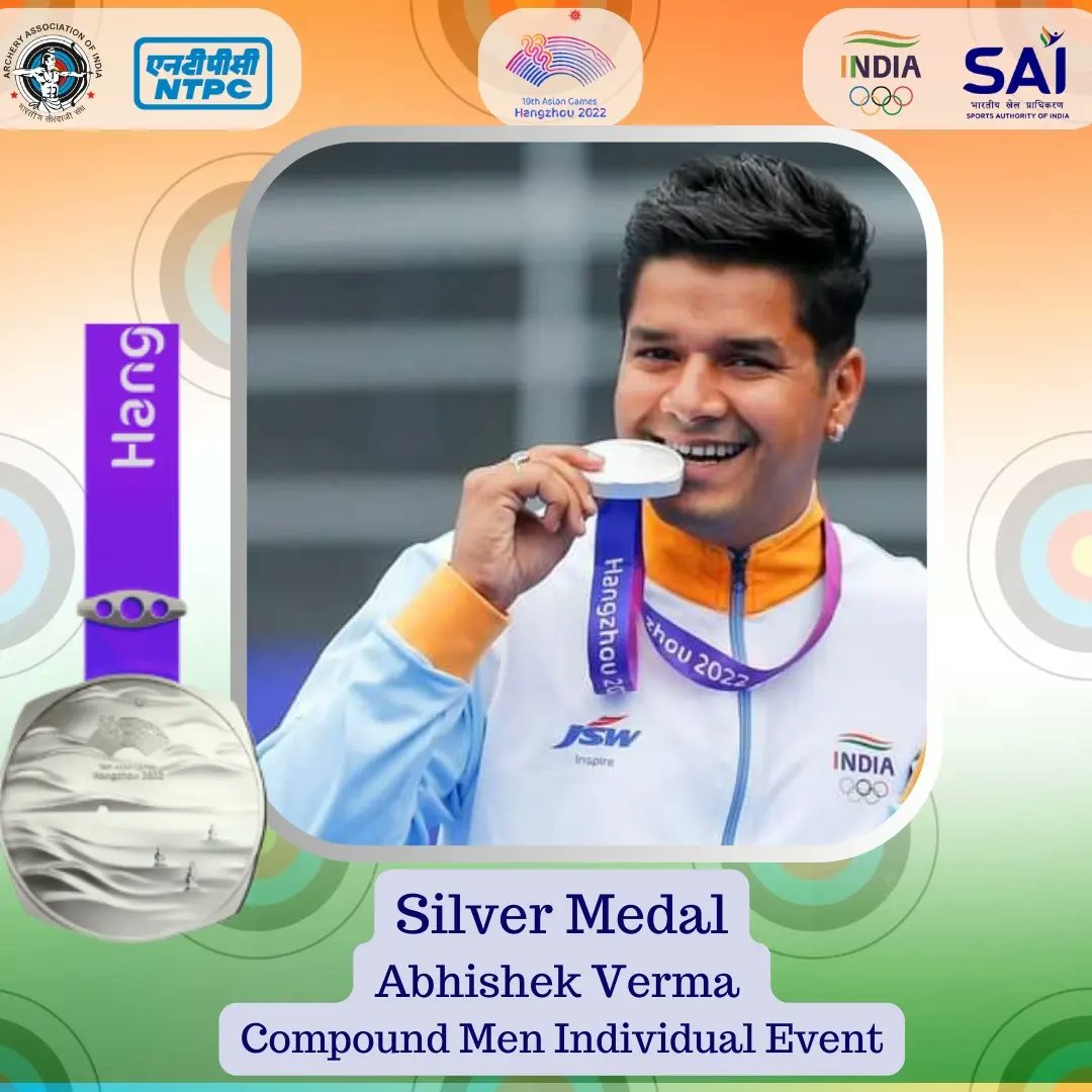 🚨Medal Alert🚨 19th Asian Games - Hangzhou, China India dominating Archery and how! 🇮🇳 Ojas Pravin Deotale and Abhishek Verma occupy the first two positions on the podium 🥇🥈 Congratulations to #TeamIndia 🇮🇳 #cheer4india #JitegaBharat #BharatAtAG22 #indianArchery