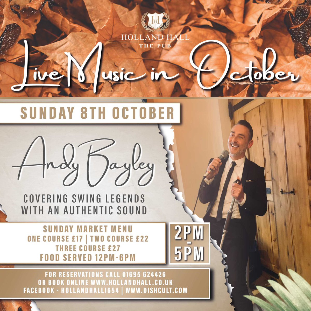 Tomorrow at The Pub at Holland Hall…Sunday Market Menu and Live Music. Performing 2pm - 5pm, Andy Bayley - Covering swing legends with an authentic sound. ✨🤍🍁🧡🎶

#LiveMusic #SundayRoast #GreatFood #GreatMusic #ChilledSunday #booknow #walkinswelcome #dogfriendly