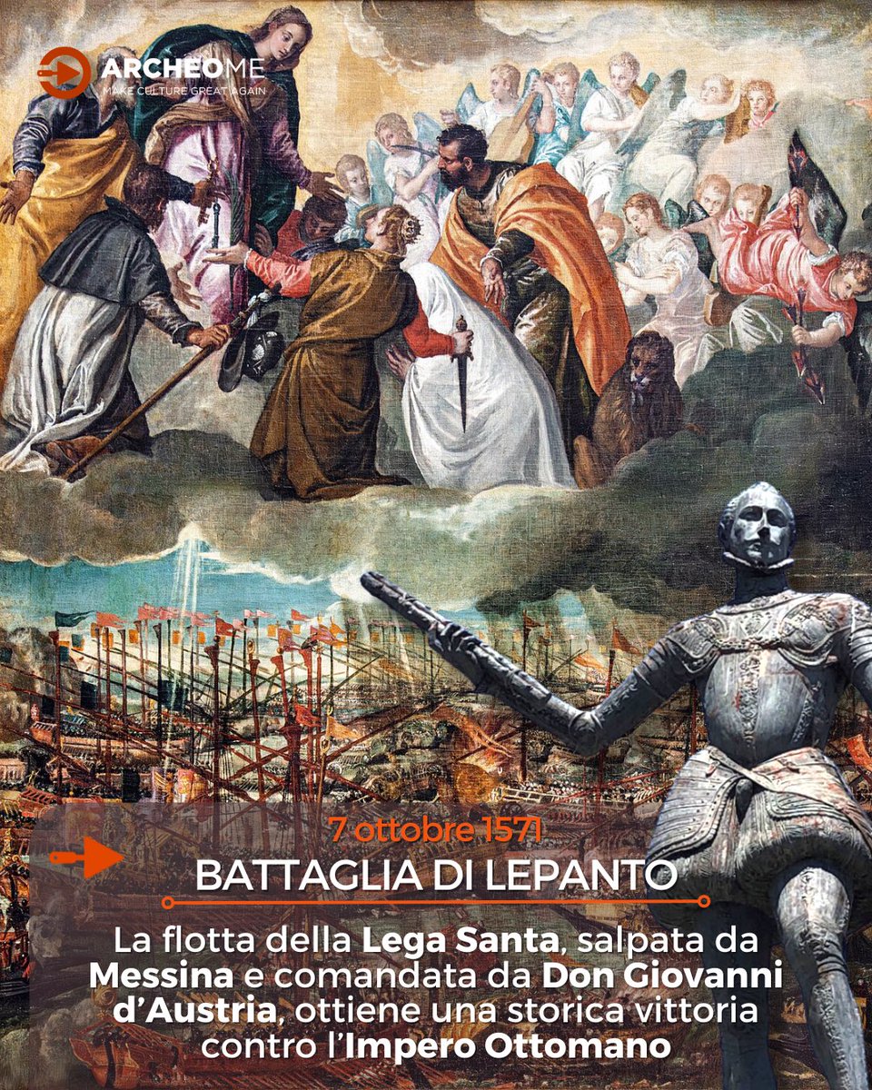 Archeo_Me's tweet photo. #AccaddeOggi - La #BattagliadiLepanto, 7 ottobre 1571, fu uno degli scontri navali più intensi della storia moderna, durante la #GuerradiCipro. Le flotte cristiane salparono da #Messina, organizzate dalla Lega Santa contro l’#ImperoOttomano.

🔗 https://t.co/putMC5KqLC

#ArcheoMe https://t.co/Q4dwAhcJje