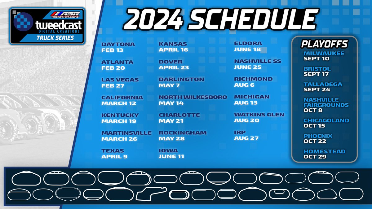 Four new venues join American Sim Racing Tweedcast Digital Creations Truck Series for 20th Season of Action in 2024!

Dover, Eldora and Kentucky return for the first time since 2020, Watkins Glen set to host inaugural event.  In all the Tweedcast Trucks will compete 27 times.