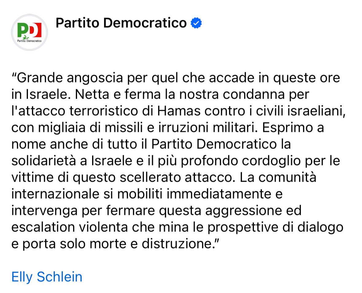 pdnetwork's tweet photo. Le parole della Segretaria @ellyesse sull’attacco terroristico di Hamas contro Israele, a cui va la solidarietà di tutta la nostra comunità democratica. https://t.co/MH6bbGNfaA