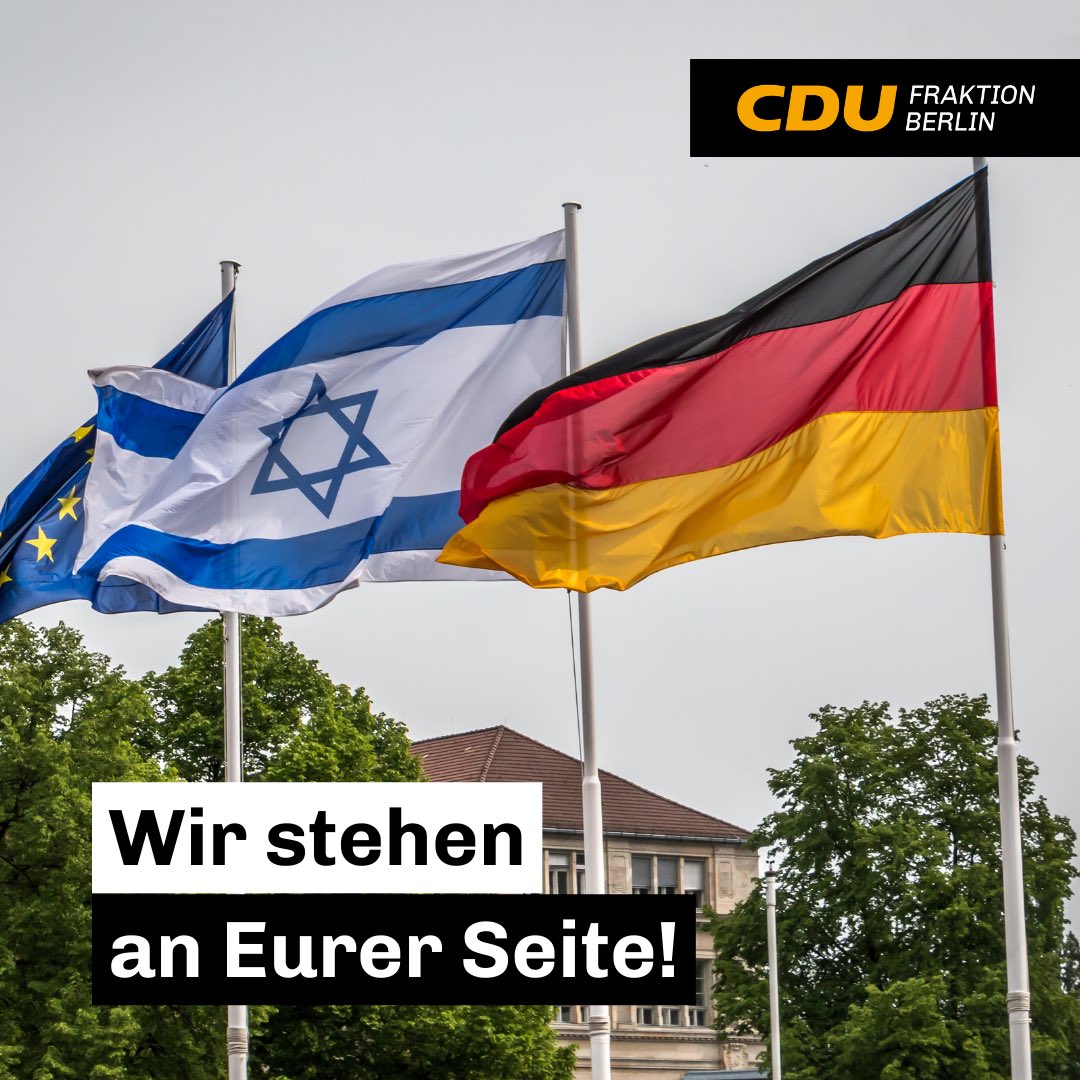 Wir stehen an der Seite Israels! Die immer neuen schrecklichen Bilder aus Israel lassen uns erschaudern. Wir fühlen mit den Israelis, die bei uns in Berlin leben und die in diesen Momenten um ihre Liebsten bangen. Nichts rechtfertigt diesen terroristischen islamistischen Angriff.