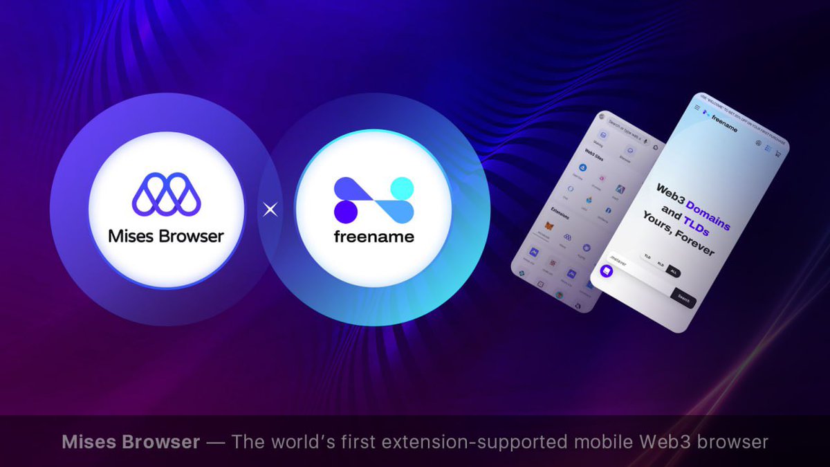 Mises Browser <a href="/Mises001/">Mises</a> and <a href="/freenameio/">Freename</a> have reached a partnership. Mises Browser now supports Freename domain resolution.

Freename is a #Web3 domain service that allows users to mint, buy, own, and utilize Web3 top-level domains as well as earn royalties from them.