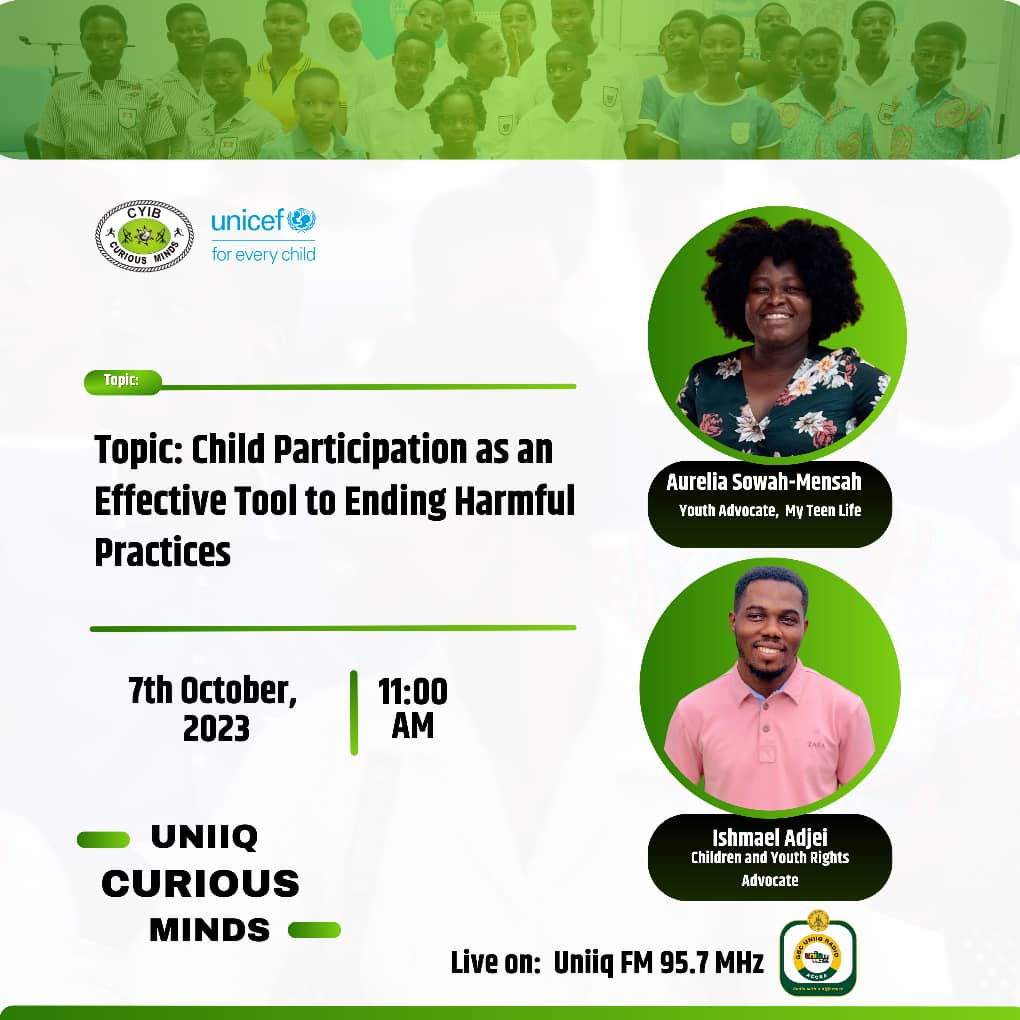 Two of our amazing members
@naadjeleysparks and @AbrampaGh are on Uniiq Curious Minds on @GBCUniiqfm at 11:am!

Topic:  Child Participation as an effective tool to ending harmful practices! Tune in!!
@cmghana #Endharmfulpractices @UNICEFGhana