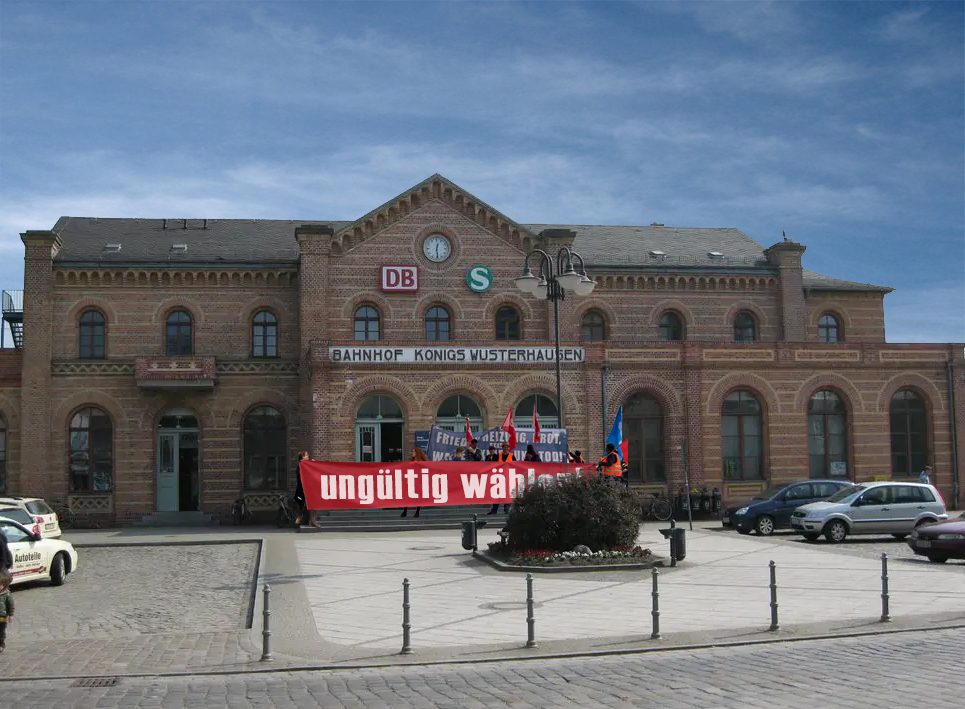 chng.it/xybrttPGPd

Die Kampagne „Ungültig wählen!“ startete zeitgleich im ganzen Landkreis ihre Abschlusskundgebungen
Königs Wusterhausen, 07.10.2023, 11.00 Uhr, Bahnhofsvorplatz
change.org/p/frieden-w%C3…