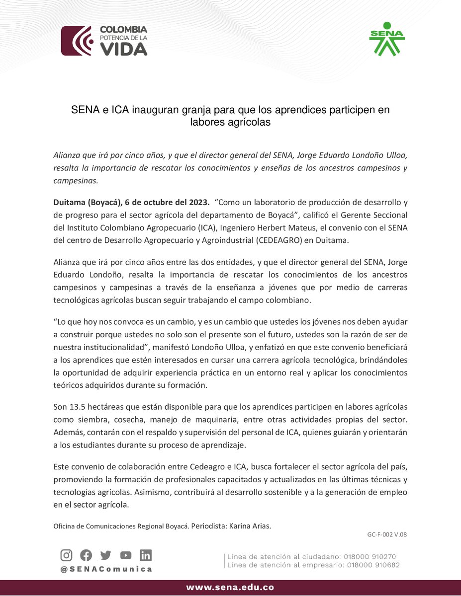 SENABoyaca's tweet photo. Entérate  sobre la inauguración de la granja de #CEDEAGRO #Duitama, y el Instituto Colombiano Agropecuario - ICA-🙂
SENA Boyacá https://t.co/AocvuROWFQ