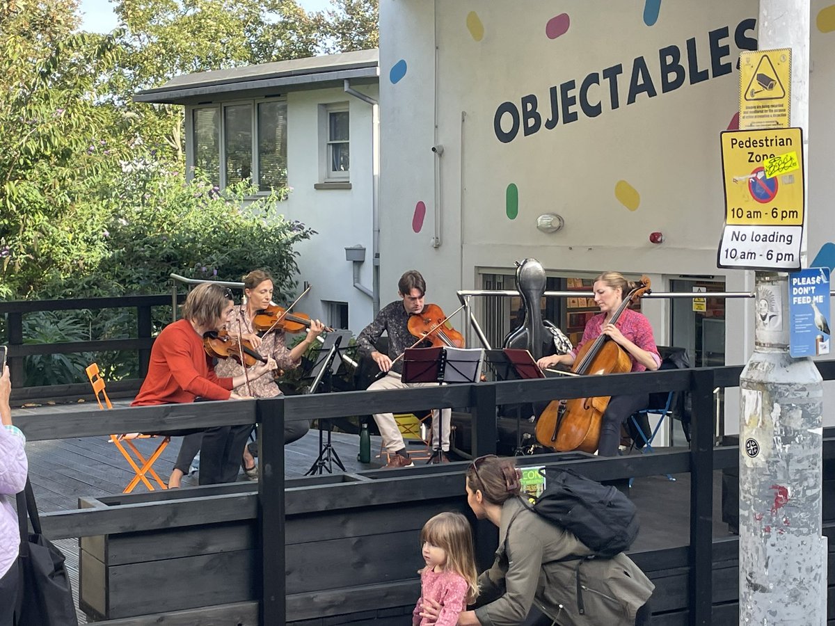 Andrewwmusicart's tweet photo. Folkestone Music Town - I should coco! Bravo to @sacconiquartet & @mattmrs31 for bringing some Danish flair & bounce and
@boden_jon magic to the Old High Street. Shout out too for Annie & Tim Gould of #Objectables for hosting the quartet. The sun is shining & people are smiling! https://t.co/7Pgi5nppmA
