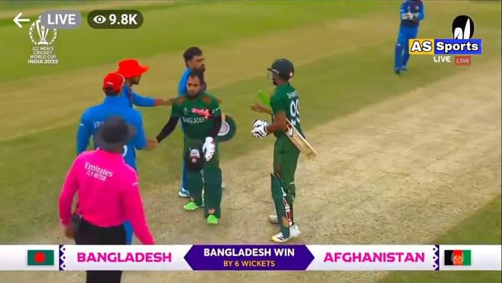 Bangladesh Beat Afghanistan by 6 wickets as they chase the target of 157 in 34.4 overs. #WorldCup2023 #BANvAFG