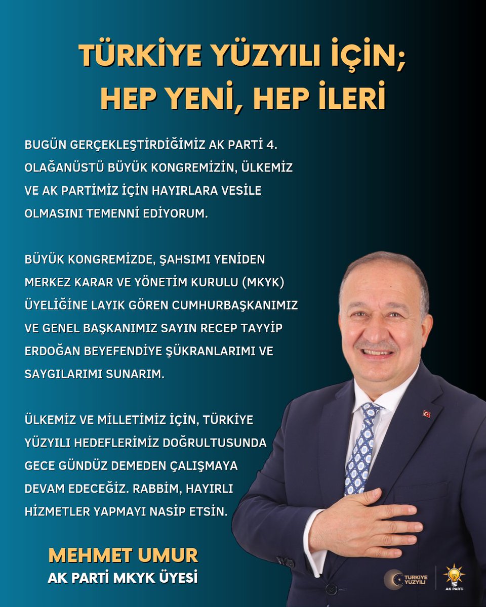 mehmetumur_'s tweet photo. Bugün gerçekleştirdiğimiz AK Parti 4. Olağanüstü Büyük Kongremizin, ülkemiz ve AK Partimiz için hayırlara vesile olmasını temenni ediyorum.

Büyük kongremizde, şahsımı yeniden Merkez Karar ve Yönetim Kurulu (MKYK) Üyeliğine layık gören Cumhurbaşkanımız ve Genel Başkanımız Sayın Recep Tayyip Erdoğan Beyefendiye şükranlarımı ve saygılarımı sunarım.

Ülkemiz ve milletimiz için, "Türkiye Yüzyılı" hedeflerimiz doğrultusunda gece gündüz demeden çalışmaya devam edeceğiz. Rabbim, hayırlı hizmetler yapmayı nasip etsin. @RTErdogan @Akparti 

#HepYeniHepİleri 🇹🇷