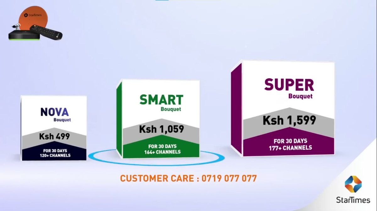 Get your self a @StarTimesKenya dish which comes with Nova Bouquet worth ksh 499, Smart Bouquet worth ksh 1059 and Super Bouquet worth ksh 1599

#AllUnderOneRoof
#ZipateStarTimes