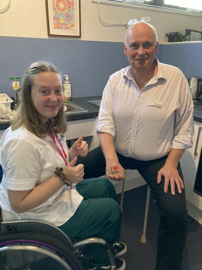 Interested in a career in #occupationaltherapy? @HSciences Open Day today at Uni of Southampton. Here we have our very own @SotonOTSoc Jas tattooing our fabulous JP (Physio!) with I 💚 OT 🥳 come on down and check us out! Best profession ever! Even our Physios agree! 🤣