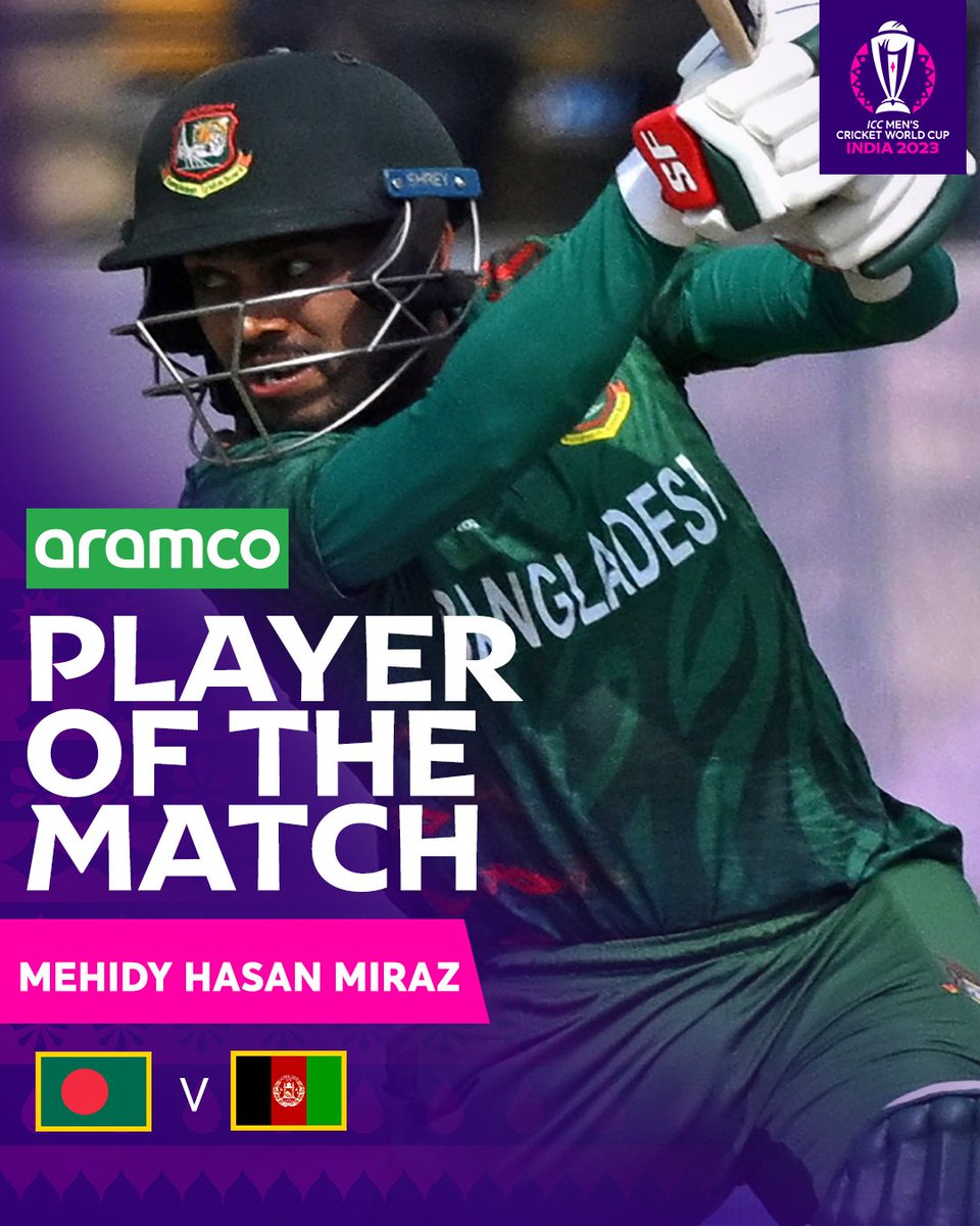 Mehidy Hasan Miraz starred with bat and ball to take the @aramco #POTM against Afghanistan 🤩

#CWC23 | #BANvAFG