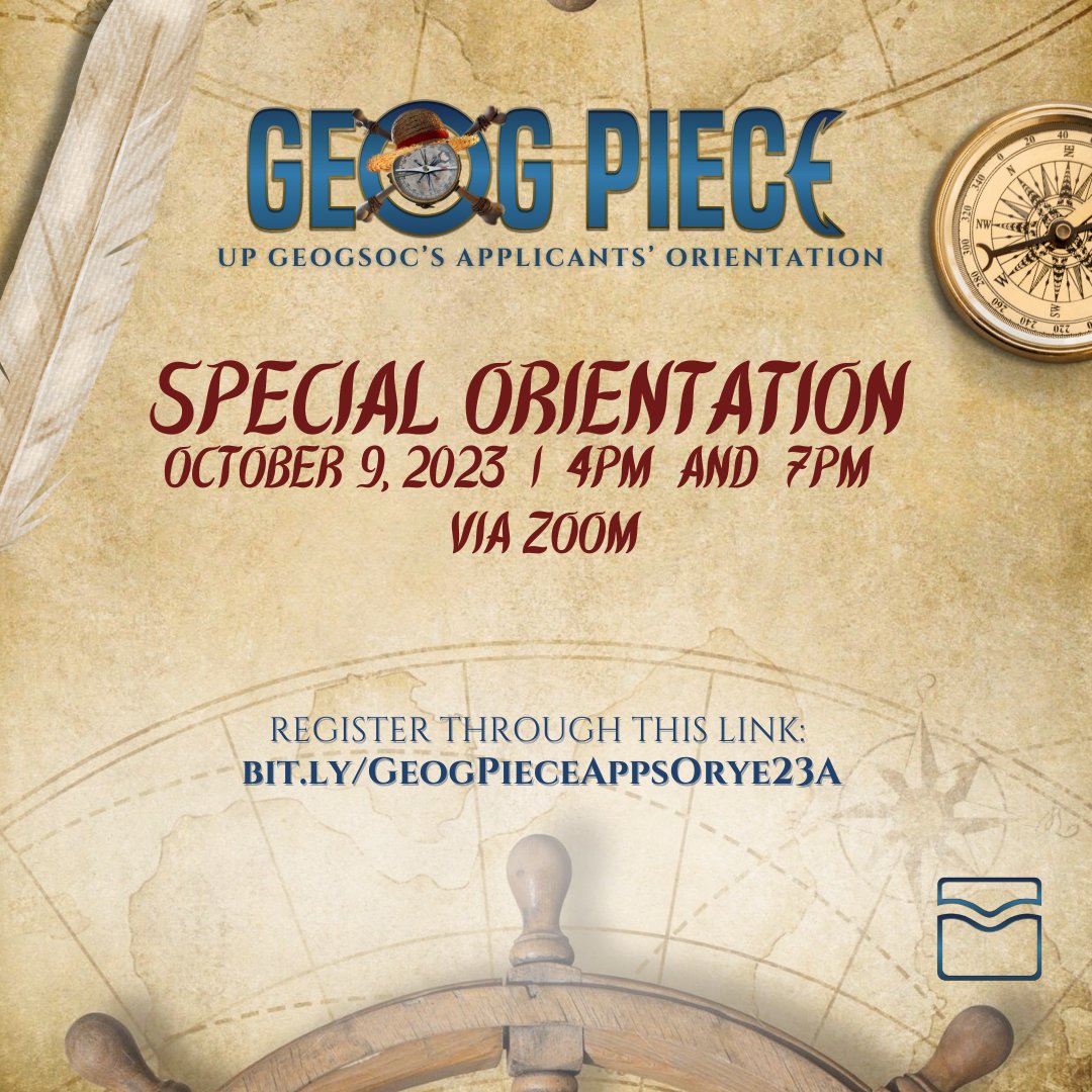 GeogSocUP's tweet photo. For those who were unable to attend the Apps Orye yesterday, we will open a Special Applicants' Orientation on October 9 (Monday), at 4 PM and at 7 PM, depending on your time of availability. This will be held online via Zoom meeting.
Please register through the link!
#GeogPiece https://t.co/LlmMIPbYsn