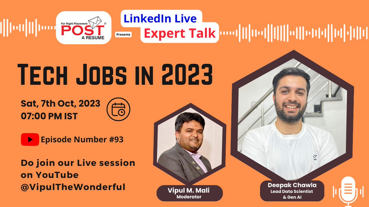 🚀 Join us today at 7:00 pm IST for Expert Talk Episode 93 - "Tech Job in 2023." Meet Deepak Chawla, Lead Data Scientist, guiding students through career transitions. youtube.com/live/Lsye7FC-s… to join! 📆🌟
#TechJobs #CareerTransition #JobMarket #ExpertTalk #VipulTheWondeful