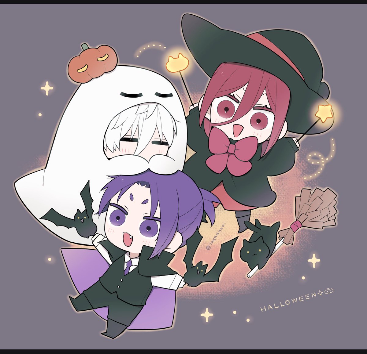 multiple boys hat purple hair red eyes witch hat chibi white hair  illustration images