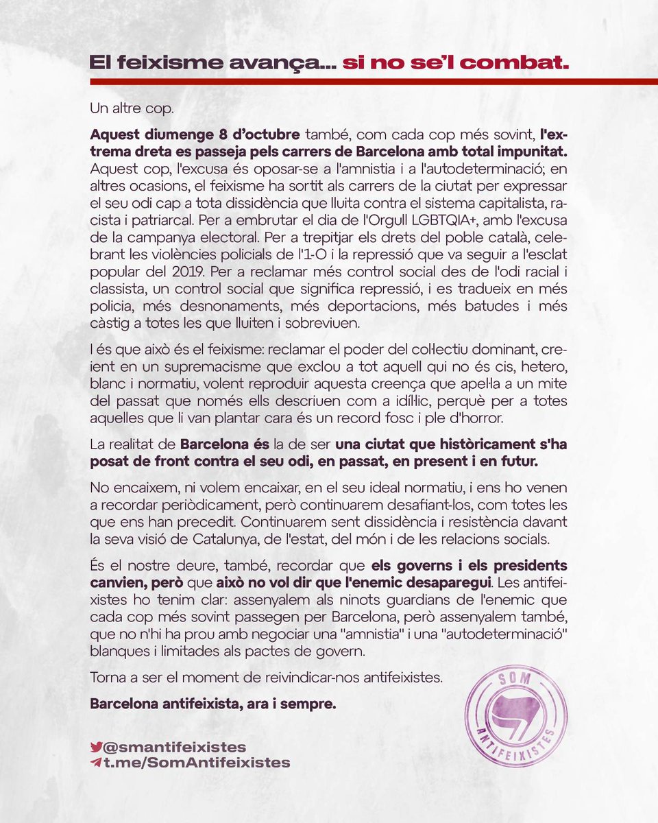 🏴🚩Demà 8 d'octubre, l'extrema dreta espanyolista s'aplegarà a Barcelona amb l'excusa de torn, quatre dies abans de la celebració anual del seu imperialisme genocida. Torna a ser moment de reivindicar-nos antifeixistes. Atents a les convocatòries del proper #12OantifaBCN.