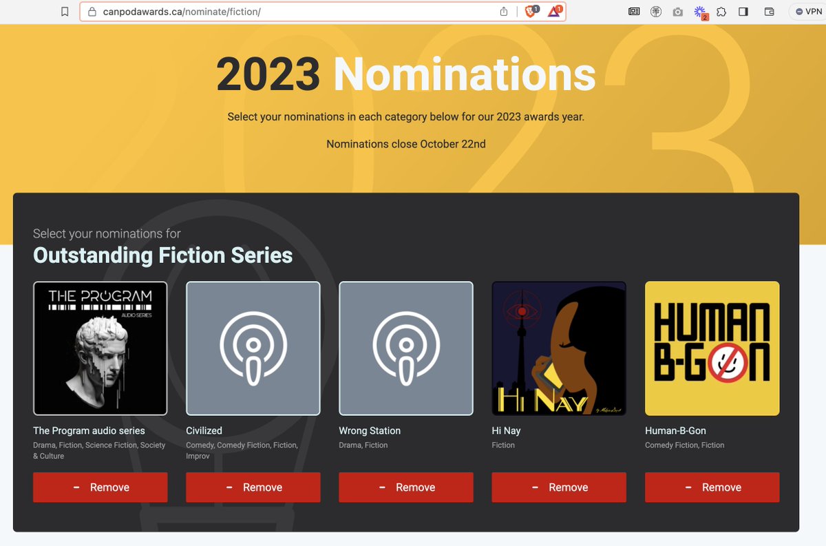 Just submitted my <a href="/CanPodAwards/">The Canadian Podcast Awards</a> nominations for this year's best Fiction Series  at canpodawards.ca/nominate/ficti… - and it's all the lovely people that attended the GTA Audio Drama meetup in Hamilton in July!

<a href="/TheWrongStation/">Wrong Station</a> <a href="/CivilizedPod/">Civilizedpod</a> <a href="/HiNayPod/">Hi Nay Podcast</a> <a href="/HumanBGon/">HUMAN-B-GON</a>