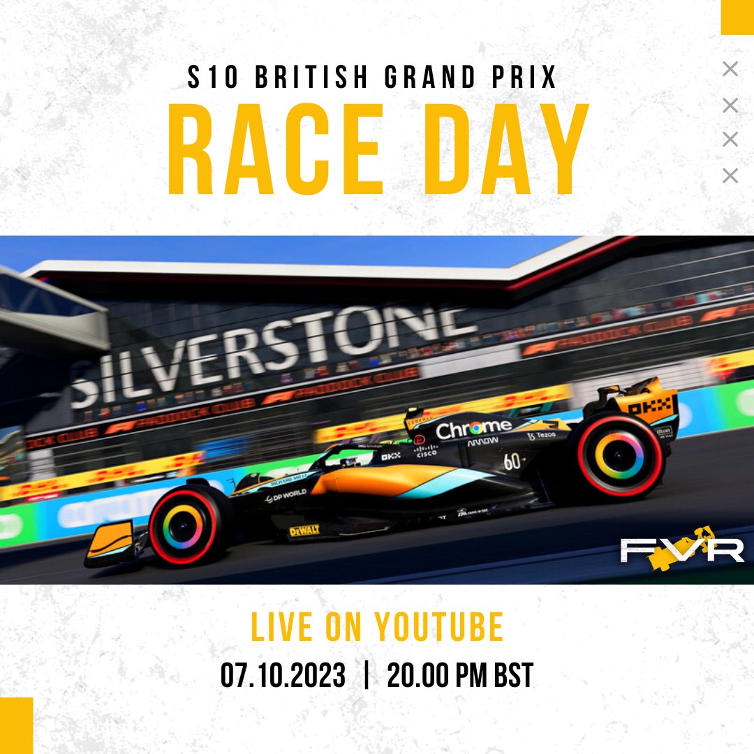 Formula Virtual Racing (@fvrofficial) on Twitter photo RACEDAY!
It is time for Season 10 British Grand Prix! <a href="/lightningluke5/">Luke Davies</a> will be looking to wrap up the championship on home soil
Remember, we start 30 minutes LATER at 20.00BST
Who takes the win? #FVRacing RACEDAY!
It is time for Season 10 British Grand Prix! <a href="/lightningluke5/">Luke Davies</a> will be looking to wrap up the championship on home soil
Remember, we start 30 minutes LATER at 20.00BST
Who takes the win? #FVRacing