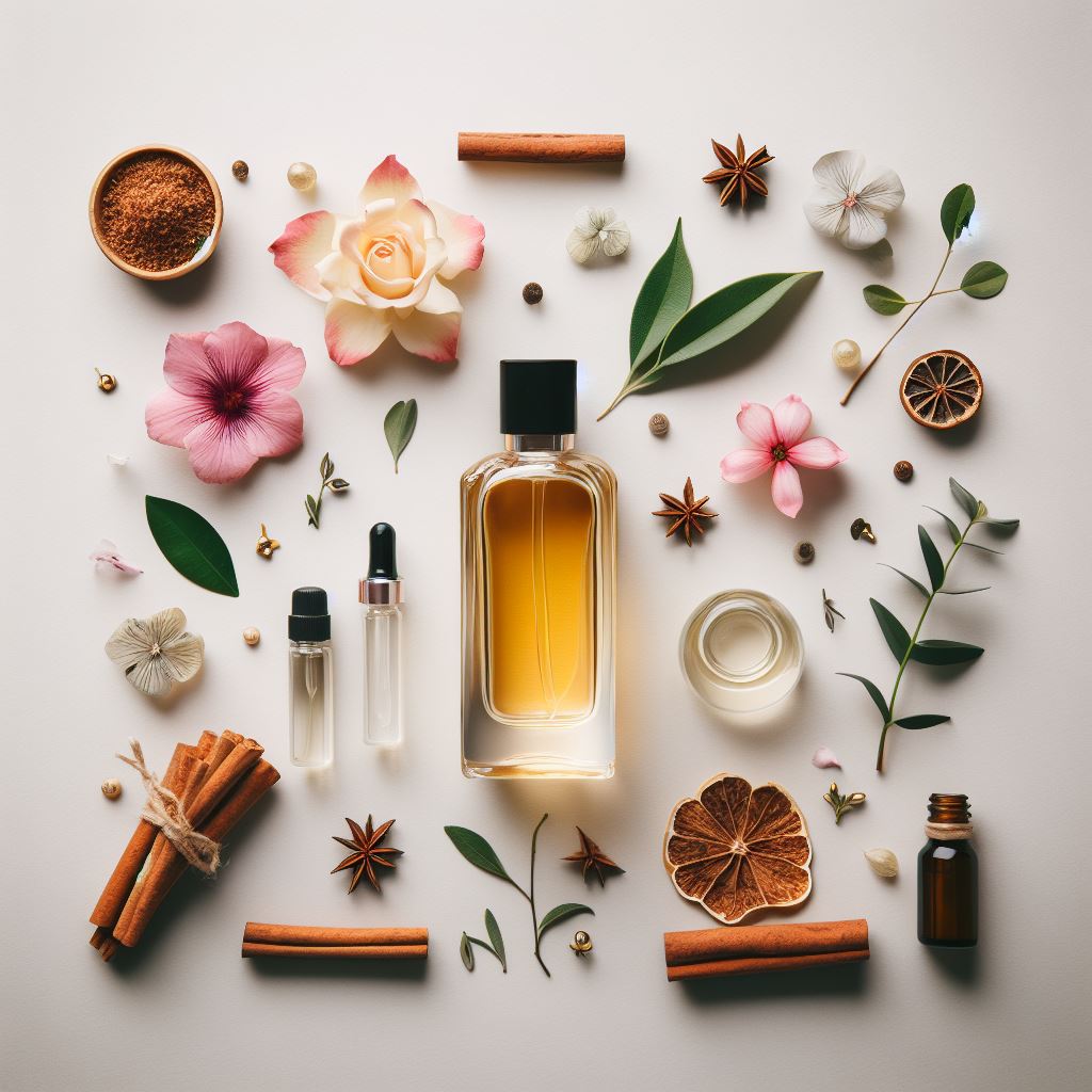 Knolling product photo of a perfume bottle surrounded by fragrant flower petals, essential oils, cinnamon sticks, and a clear dropper, arranged on a clean background.