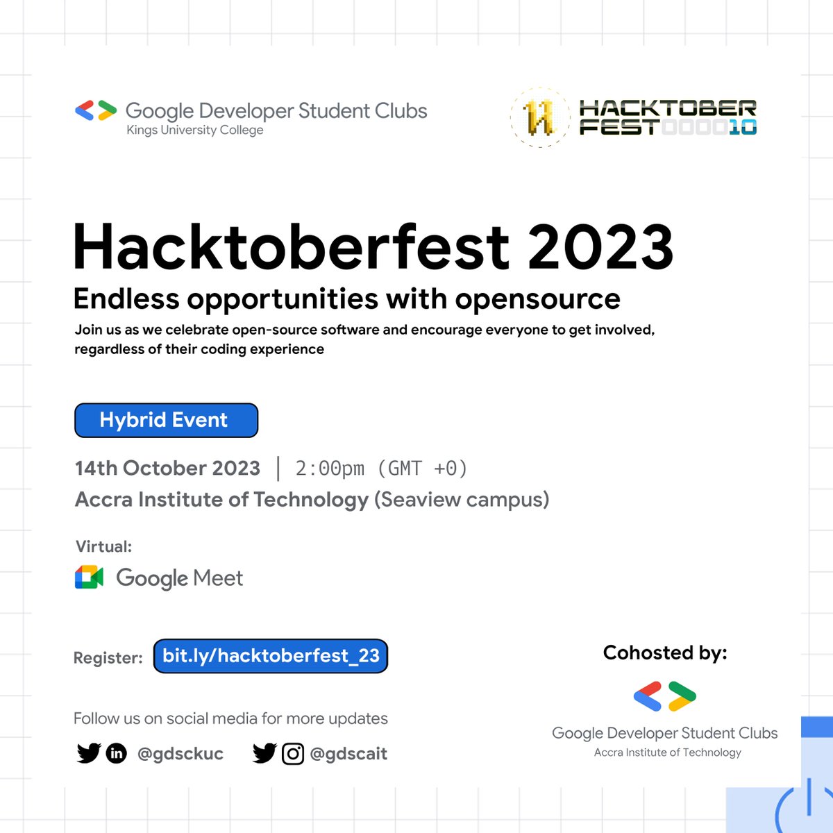 gdscait's tweet photo. Exciting News! Hackertoberfest is an annual, month-long, exciting celebration of open source technology.
And, yes, just like all our GDSC events, it is beginner friendly. Hosted by @gdsckuc 
Register Here: https://t.co/wQfTvDCMne

@googledevs #Google #gdsc #technologie https://t.co/pcDtkfy2WZ