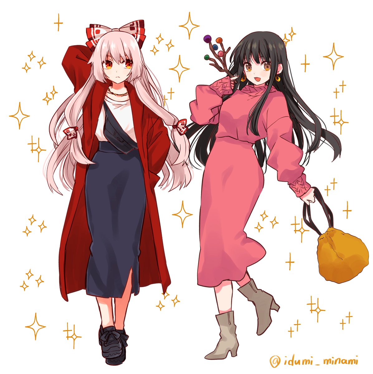 fujiwara no mokou ,houraisan kaguya multiple girls 2girls long hair skirt black hair bag bow  illustration images