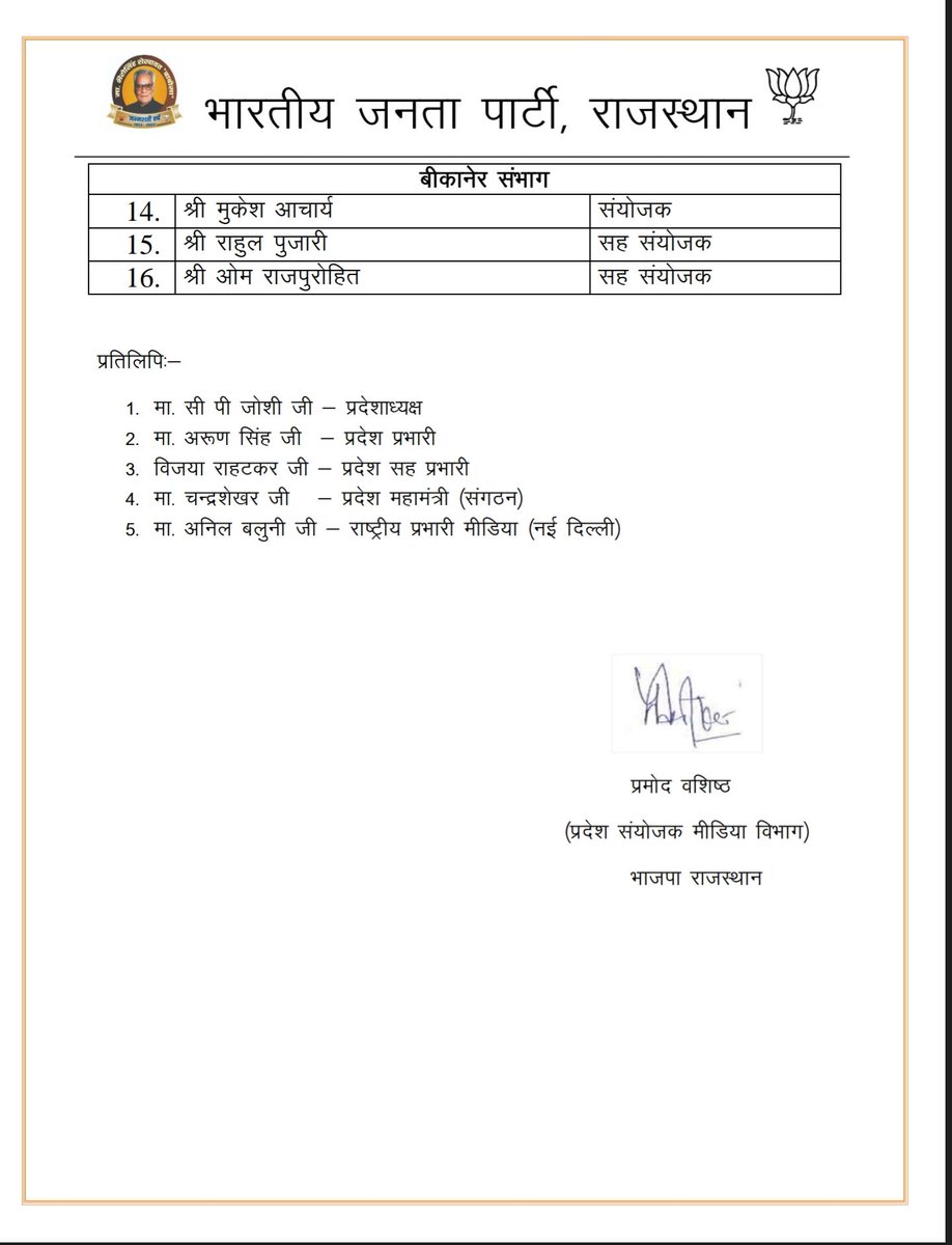 BJP Rajasthan (@bjp4rajasthan) on Twitter photo рднрд╛рд░рддреАрдп рдЬрдирддрд╛ рдкрд╛рд░реНрдЯреА рдХреЗ рдкреНрд░рджреЗрд╢рд╛рдзреНрдпрдХреНрд╖ рд╢реНрд░реА <a href="/cpjoshiBJP/">C. P. Joshi</a> рдХреЗ рдирд┐рд░реНрджреЗрд╢рд╛рдиреБрд╕рд╛рд░, рднрд╛рдЬрдкрд╛ рдореАрдбрд┐рдпрд╛ рд╡рд┐рднрд╛рдЧ рдХреА рдкреНрд░рджреЗрд╢ рдХрд╛рд░реНрдпрдХрд╛рд░рд┐рдгреА рдПрд╡рдВ рд╕рдВрднрд╛рдЧ рд╕рдВрдпреЛрдЬрдХ рд╡ рд╕рд╣ рд╕рдВрдпреЛрдЬрдХ рдХреА рдирд┐рдореНрдирд╡рдд рдШреЛрд╖рдгрд╛ рдХреА рдЬрд╛рддреА рд╣реИред рднрд╛рд░рддреАрдп рдЬрдирддрд╛ рдкрд╛рд░реНрдЯреА рдХреЗ рдкреНрд░рджреЗрд╢рд╛рдзреНрдпрдХреНрд╖ рд╢реНрд░реА <a href="/cpjoshiBJP/">C. P. Joshi</a> рдХреЗ рдирд┐рд░реНрджреЗрд╢рд╛рдиреБрд╕рд╛рд░, рднрд╛рдЬрдкрд╛ рдореАрдбрд┐рдпрд╛ рд╡рд┐рднрд╛рдЧ рдХреА рдкреНрд░рджреЗрд╢ рдХрд╛рд░реНрдпрдХрд╛рд░рд┐рдгреА рдПрд╡рдВ рд╕рдВрднрд╛рдЧ рд╕рдВрдпреЛрдЬрдХ рд╡ рд╕рд╣ рд╕рдВрдпреЛрдЬрдХ рдХреА рдирд┐рдореНрдирд╡рдд рдШреЛрд╖рдгрд╛ рдХреА рдЬрд╛рддреА рд╣реИред