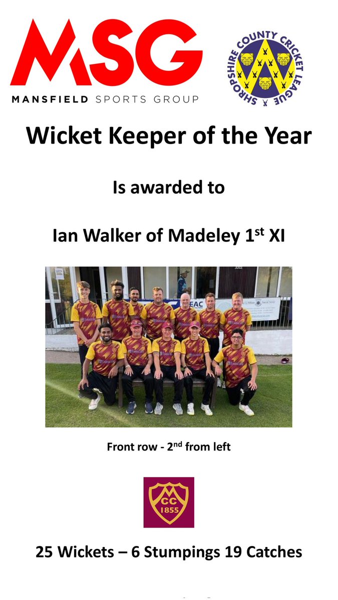 ShropCCLeague's tweet photo. The next individual award is the @mansfieldsportg SCCL Wicket Keeper of the year

This goes to Ian Walker of @MadeleyCC https://t.co/GKebgJiEAR