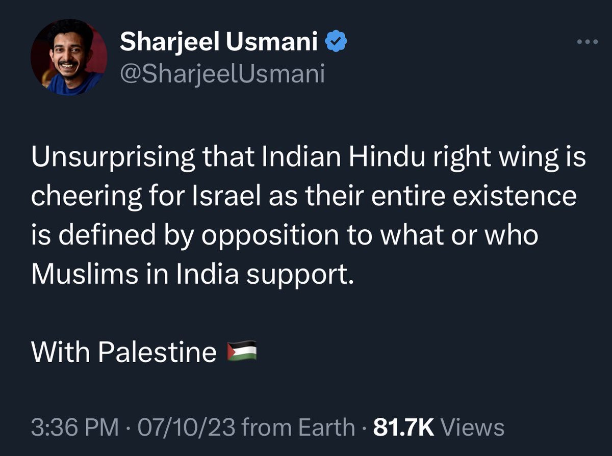 AsYouNotWish's tweet photo. Unsurprising that the Indian Muslim wing is cheering for Palestinian terrorists, as its entire existence is defined by opposition to whoever resists Islamist extremism or supports India.

With Israel 🇮🇱 https://t.co/idc0Sb6qdV