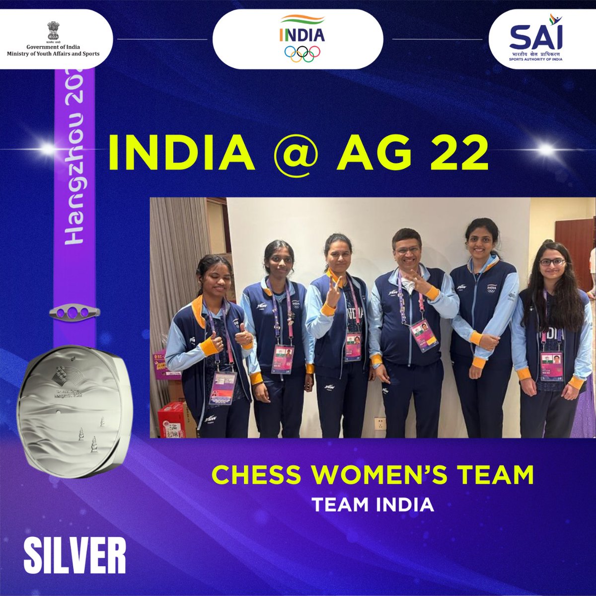 A Silver lined victory for our♟️women's team at #AsianGames2022 The team consisting of @humpy_koneru, @HarikaDronavali, @chessvaishali , @vantikachess & Savitha Shri finished 2️⃣nd among 12 teams following a total of 9 matches over the course of 9 days! 🇮🇳 Many congratulations…
