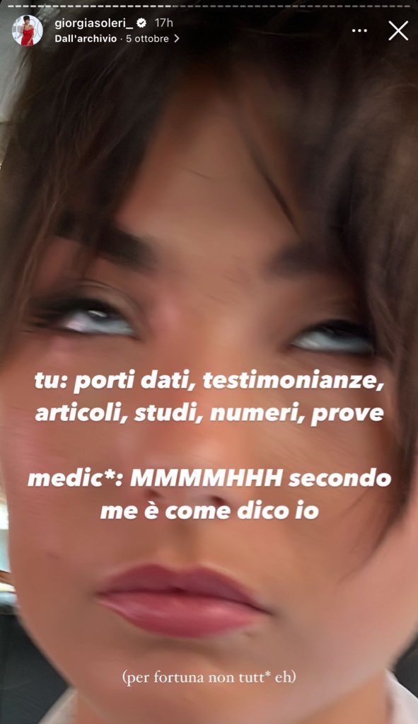 FranAltomare's tweet photo. La domanda che farei a Giorgia Soleri è con quale titolo pensa di aver ragione - in ambito medico - rispetto ai medici. https://t.co/ygm4JwD29D