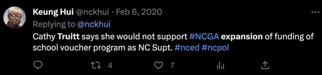 Zero mention of the state tripling funding for school vouchers.  

During her campaign @CTruittNCDPI said she’d oppose voucher expansion.  

She did not.  #nced #ncpol