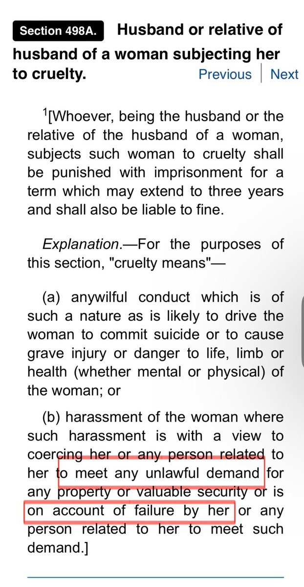IPC 498A : 

1. Does it talk about wife subjecting a husband to cruelty by wife & her relatives? 

2. Does it ever say what is “lawful demand” and what is “failure by her”? 

3. Is this pure arm twisting legal technique of legal terrorism against men.  💰 💴 

#IPC498A