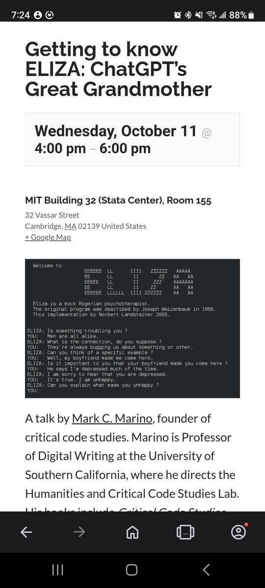 markcmarino's tweet photo. Come hear what we have found in the source code of ELIZA, Wed. at MIT 4-6pm.  Jeff Shrager, Dave Berry, Anthony Hay, Peggy Weil, Art Schwarz with Sarah Ciston, and Peter McMillan #critcode #teameliza

https://t.co/SMJYk1W9JD

@peggyweil @berrydm
@SarahCiston https://t.co/isy4QZJH6T