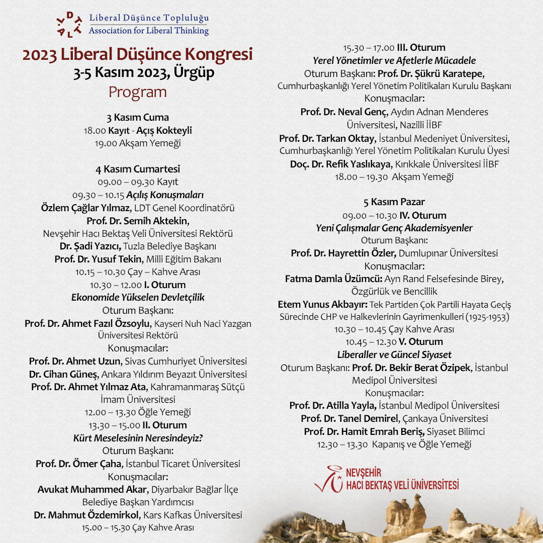 liberal_dusunce's tweet image. ➡️2023 Liberal Düşünce Kongresi Program detayları! 
3 - 5 Kasım 2023, Ürgüp  
👉Detaylar ve kayıt için liberal.org.tr sayfasını ziyaret edin!  
 #LDK2023