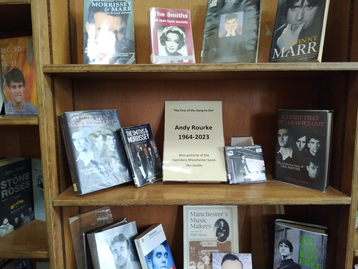 Came across a lovely tribute to Andy Rourke at Manchester Central Library this morning ❤️