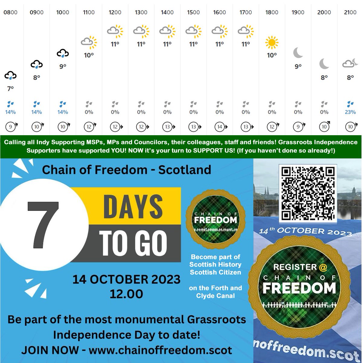 7 days left 2 make this the most monumental Grassroots Independence Event EVER! 
>Encourage as many as possible 2 join now at chainoffreedom.scot
>Encourage groups still considering attending to get on board NOW!
>READ ALL essential info on website
<a href="/Scotland23Chain/">FreedomChainScotland23</a> #yesscots