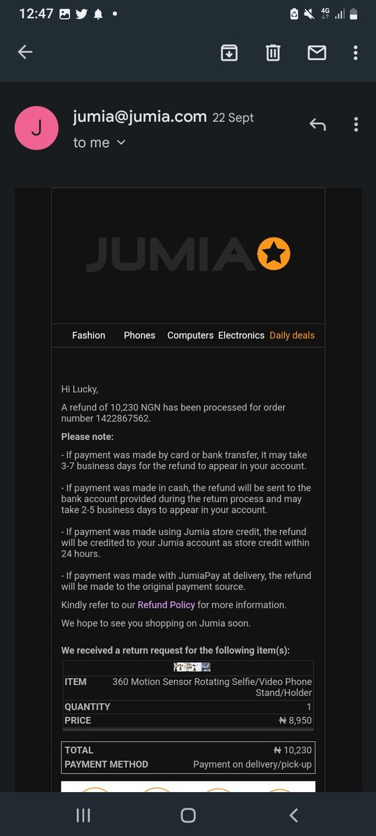 Reallokitan's tweet photo. @JumiaNigeria it's been over two weeks now and I still haven't received my refund. https://t.co/vUQVXfiEd9