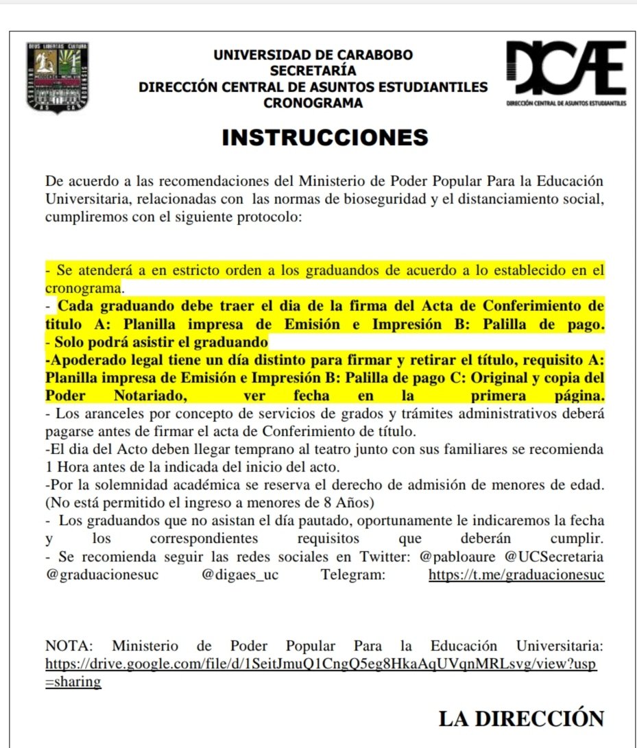 Atención graduandos Facultades: Ciencias Jurídicas y Políticas y Ciencias de la Salud <a href="/UCarabobo/">Universidad de Carabobo</a>
aquí el Cronograma de Firma y Acto de Grado de Pregrado y Postgrado FCJP y Postgrado de FCS, se especifican horas y grupos. 
En el enlace pueden ver listados👇
digaes.uc.edu.ve/documentos/CRO…