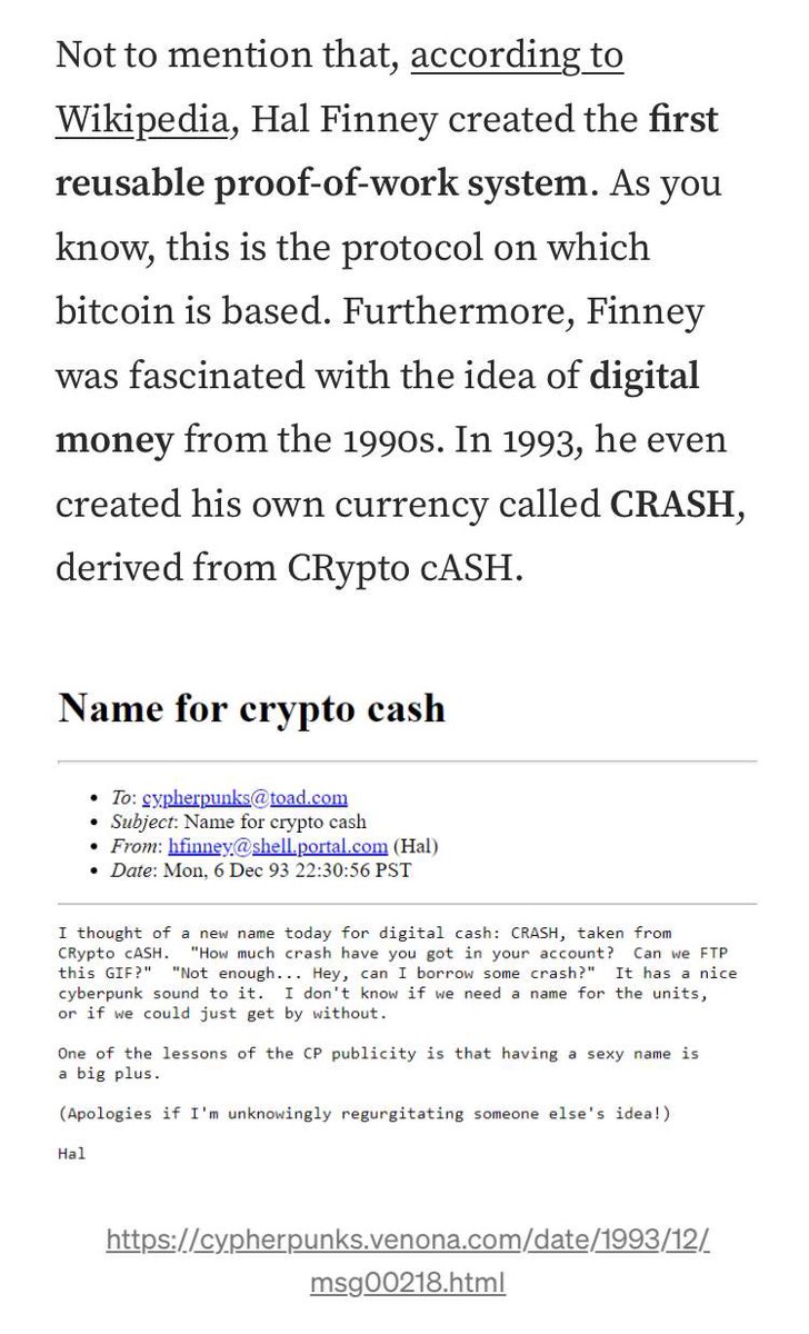 lordenzoeth's tweet photo. Did you know? 
In 1993, HAL Finney created the first-ever cryptocurrency called $CRASH even before #Bitcoin, by CRypto and cASH. This Is #Cryptohistory! 🚀💰 #Cryptocurrency #CryptoTrivia" https://t.co/8YakmYO2Y6