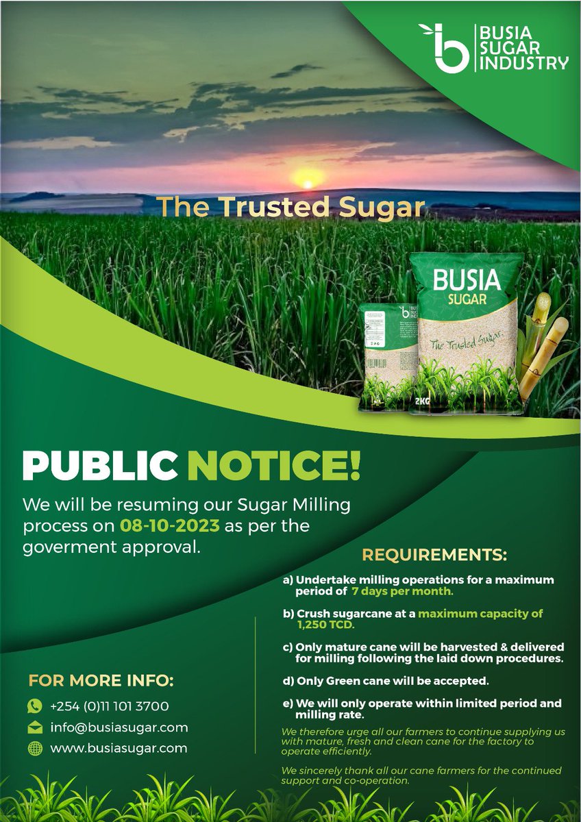 BusiaSugar's tweet photo. Resumption of Milling Operations
#busiasugar #kenyansugar #naturalsugar #sugarcanefarmers #KenyanSweetness #brownsugar #thetrustedsugar https://t.co/ZYBBOpX1Rf