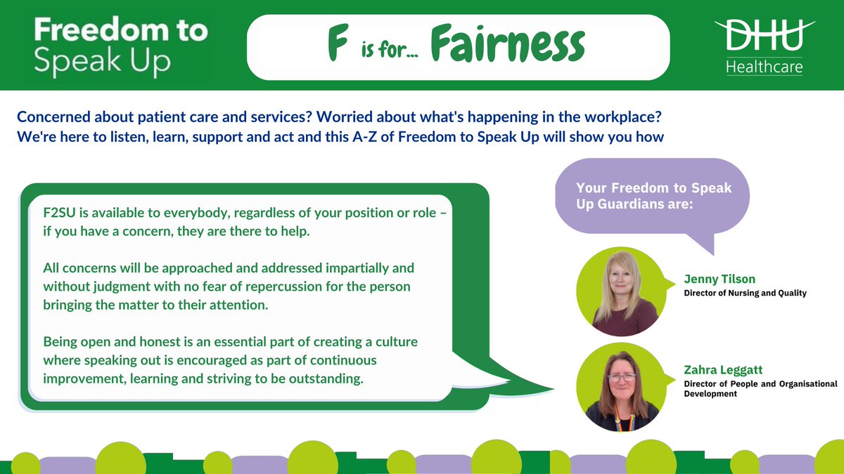 DHUHealthCare's tweet photo. We come to 'F' in our A-Z of #FreedomToSpeakUpMonth and for us, it stands for Fairness.

At DHU, we want the route to voicing concerns to be fair and open to all regardless of role, position or where you work and our Freedom to Speak Up Guardians help to fulfill that.

#F2SU https://t.co/50F8snhcUa