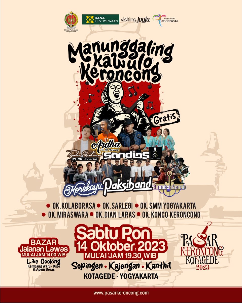 Kembali digelar untuk kesekian kalinya! Dengan tajuk "MANUNGGALING KAWULO KERONCONG"  menghadirkan 12 penampil dengan 3 panggung di tengah perkampungan Kotagede sebagai penghibur masyarakat umum serta pecinta musik keroncong.

Salam Crungg...
pasarkeroncong.com